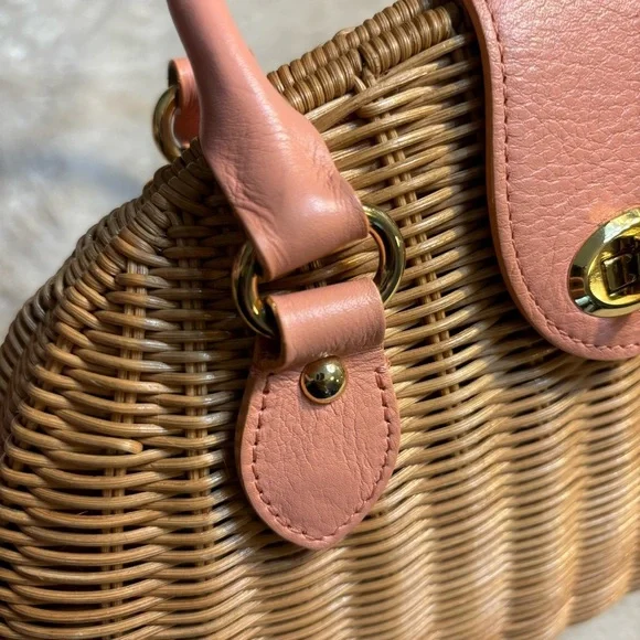 NEW Banana Republic Woven Bag Tan Rattan Pale Pink Leather Gold-tone Hardware - Picture 11 of 16